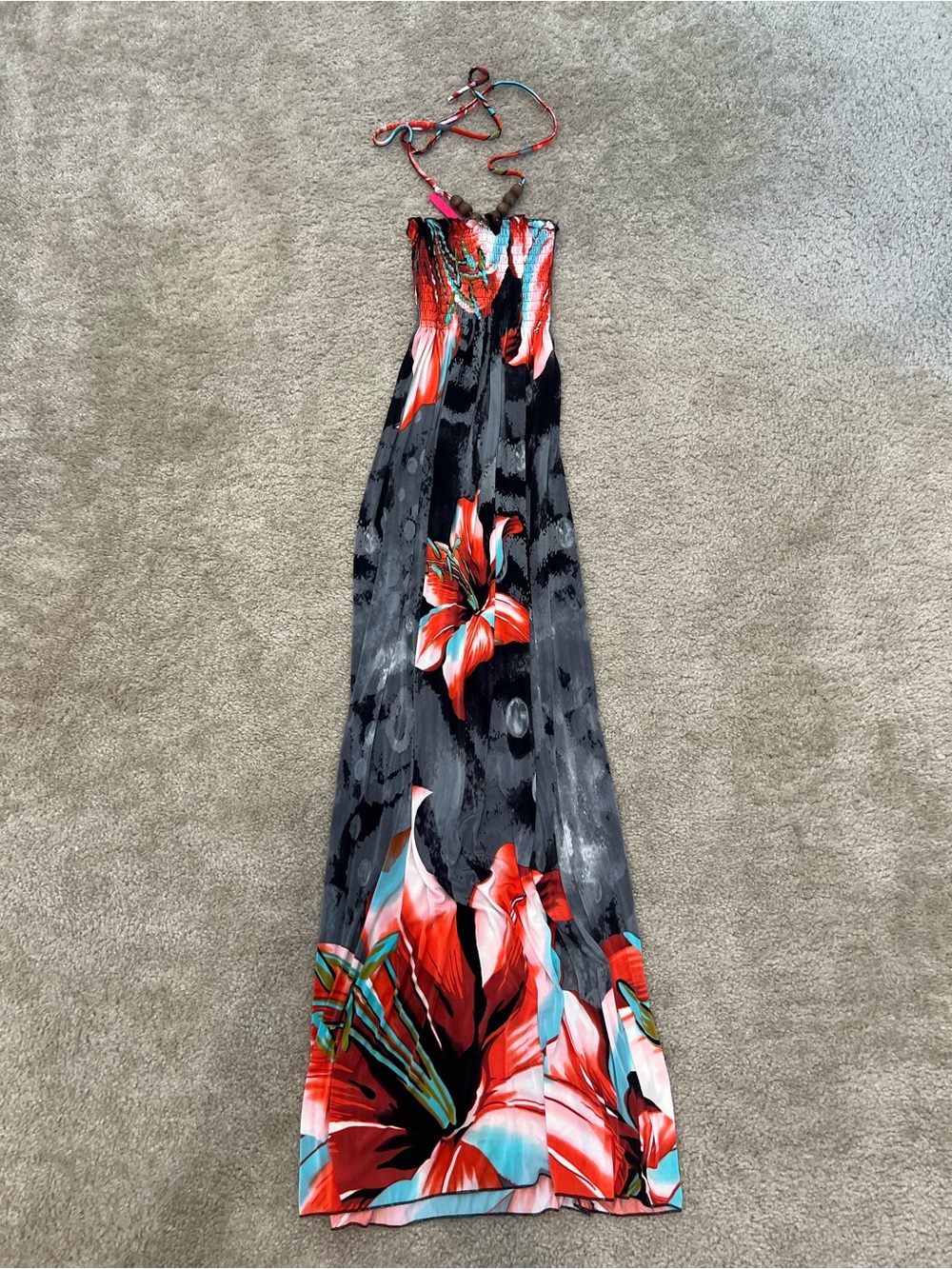 Christina Black Maxi Dress with Red Floral Print